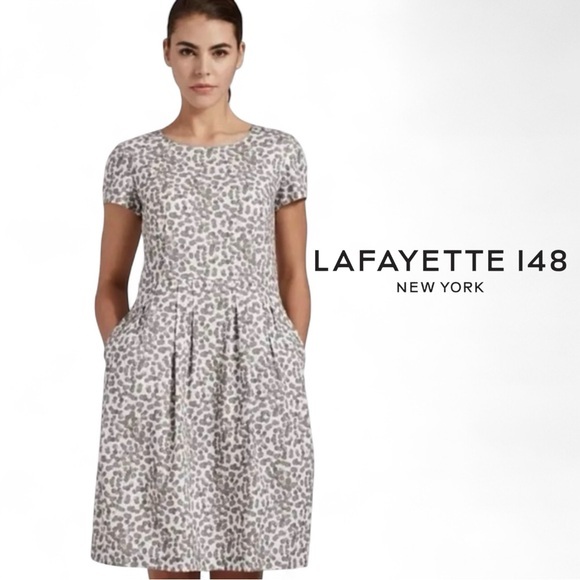 Lafayette 148 Gina dress in the Grey Painterly Dots ("Rain Multi") print SZ 8 - Picture 1 of 5
